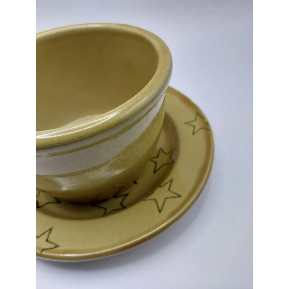 Vintage Americana General Yellowware Stoneware Bowl & Saucer Set Star Pattern